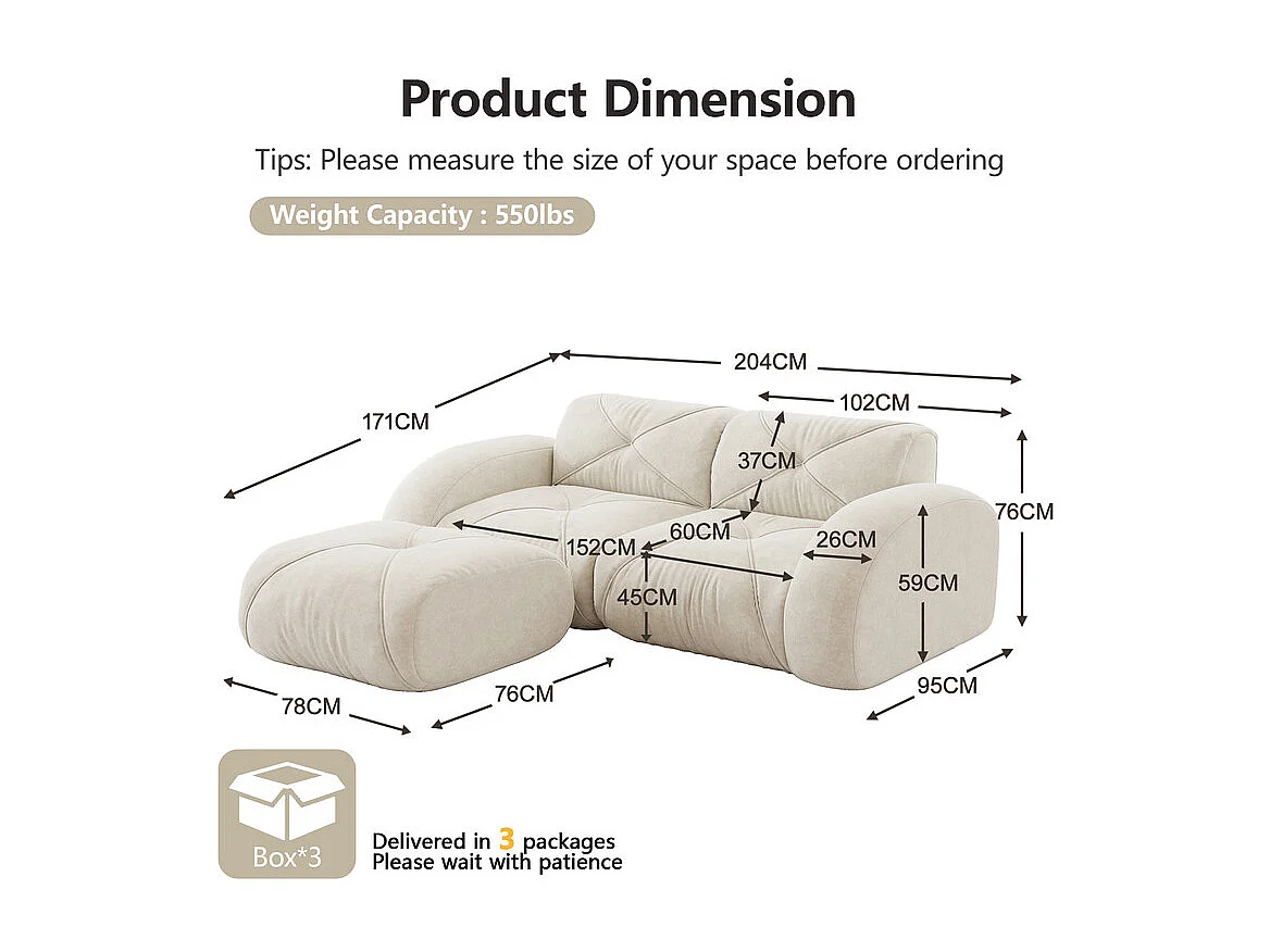 Canapé 2 places d'angle modulable en tissu chenille, avec pouf, 204x171x76cm, Blanc