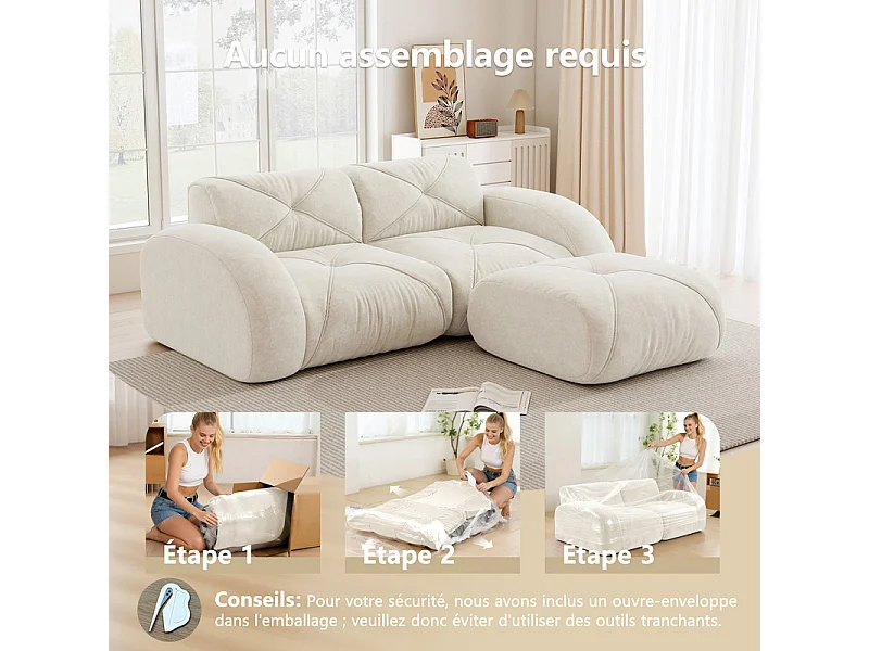 Canapé 2 places d'angle modulable en tissu chenille, avec pouf, 204x171x76cm, Blanc