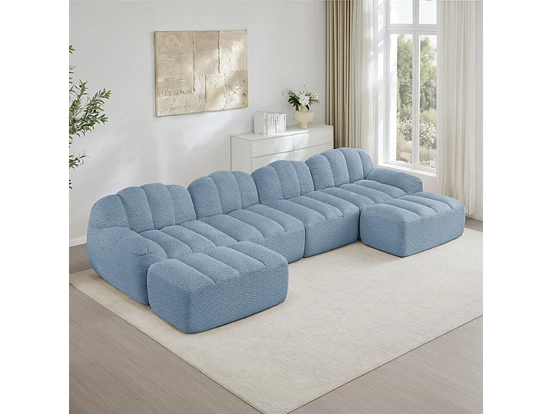 Canapé d'angle modulable en velours côtelé bleu, avec 2 pouf, ergonomique, 366x165x79cm
