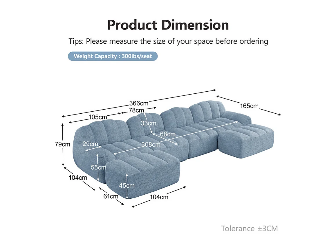 Canapé d'angle modulable en velours côtelé bleu, avec 2 pouf, ergonomique, 366x165x79cm
