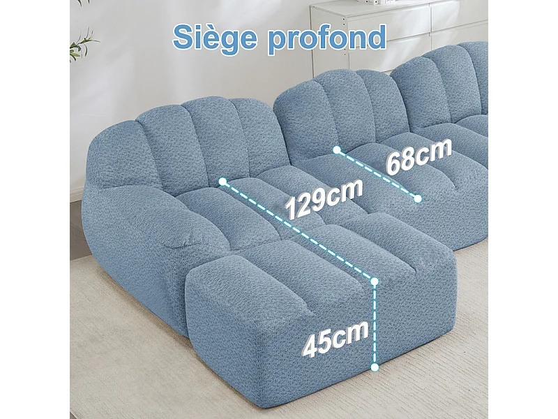 Canapé d'angle modulable en velours côtelé bleu, avec 2 pouf, ergonomique, 366x165x79cm
