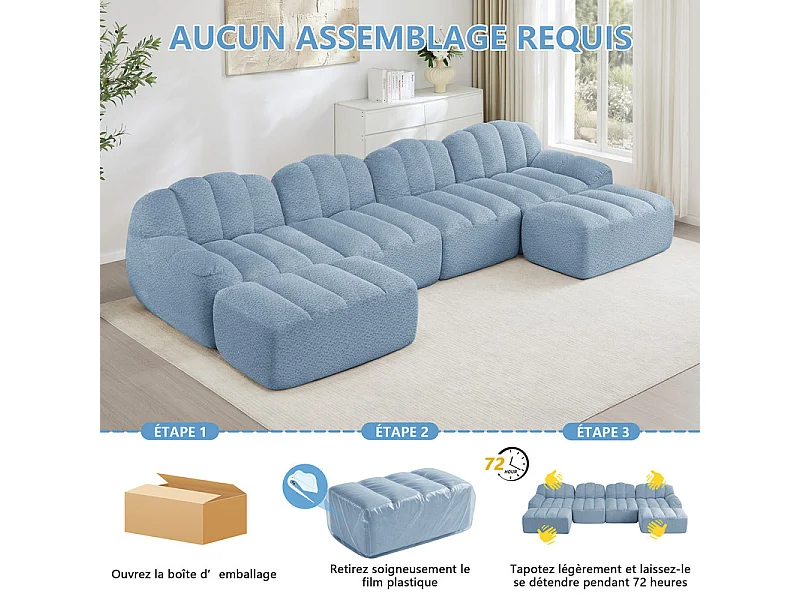 Canapé d'angle modulable en velours côtelé bleu, avec 2 pouf, ergonomique, 366x165x79cm