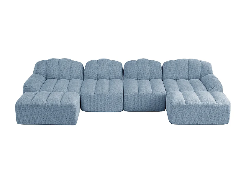 Canapé d'angle modulable en velours côtelé bleu, avec 2 pouf, ergonomique, 366x165x79cm