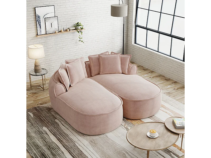2-Sitzer modulares Sofa aus Chenillestoff, doppelte Recamiere, mit 6 Kissen, 184x164x67cm, Rosa