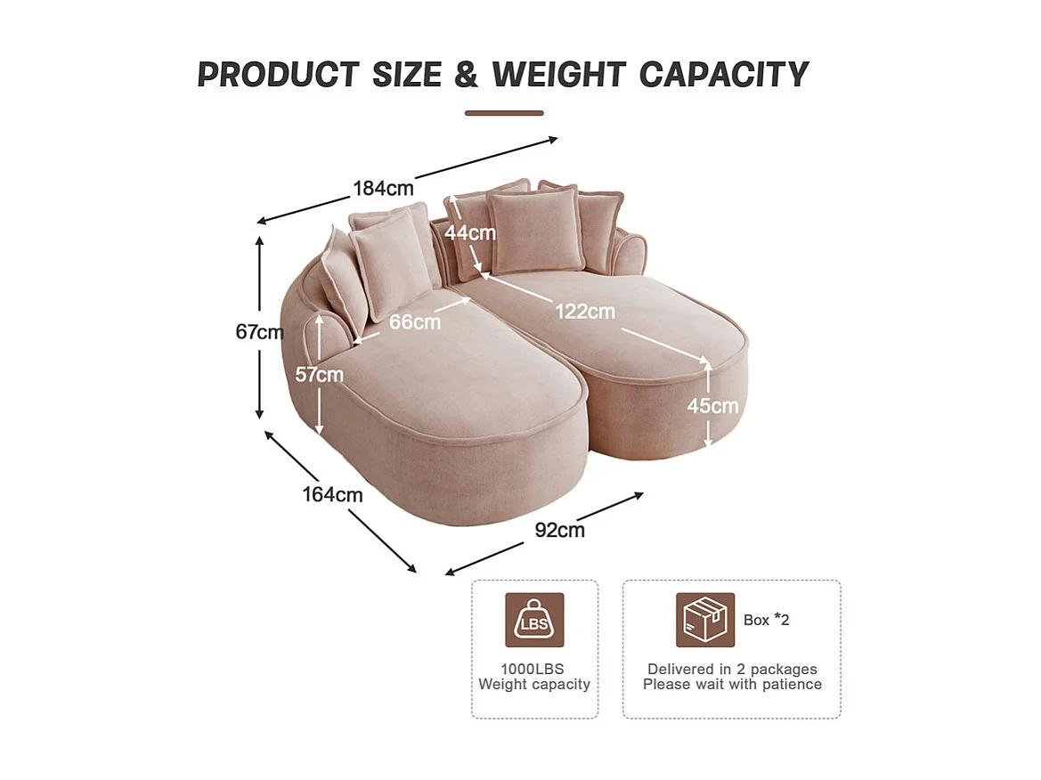 2-Sitzer modulares Sofa aus Chenillestoff, doppelte Recamiere, mit 6 Kissen, 184x164x67cm, Rosa