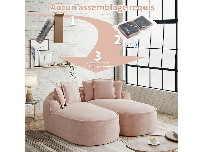 2-Sitzer modulares Sofa aus Chenillestoff, doppelte Recamiere, mit 6 Kissen, 184x164x67cm, Rosa