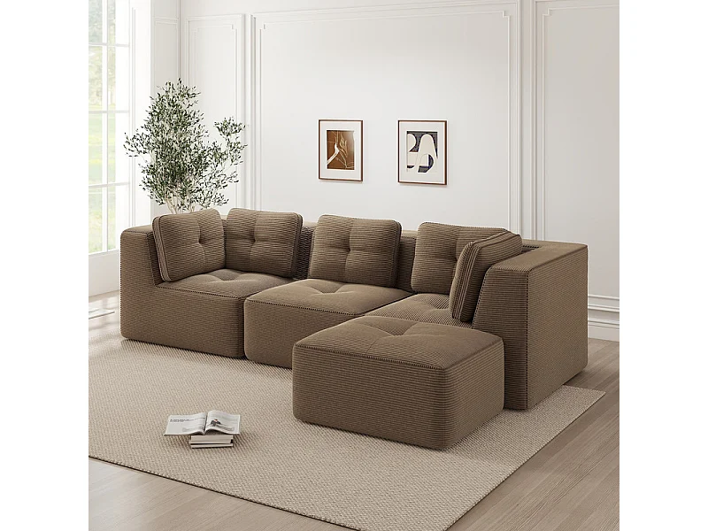 Canapé 3 places modulable, avec pouf et coussins, en velours côtelé, Marron, 297x177x69cm