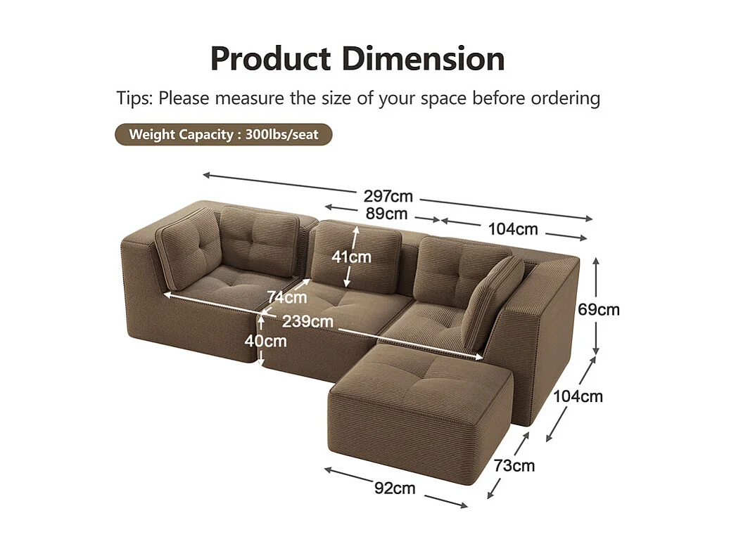 Canapé 3 places modulable, avec pouf et coussins, en velours côtelé, Marron, 297x177x69cm