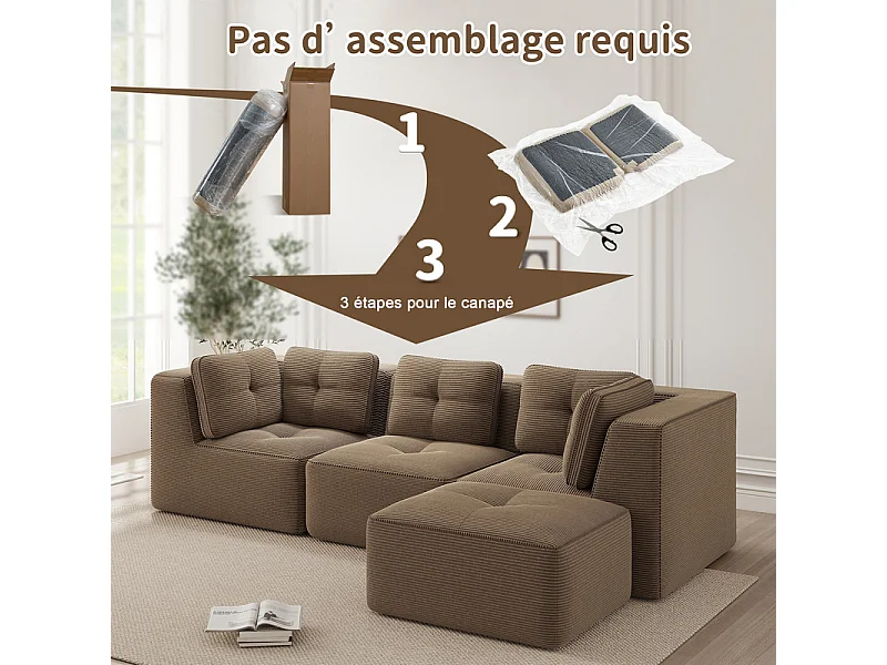 Canapé 3 places modulable, avec pouf et coussins, en velours côtelé, Marron, 297x177x69cm