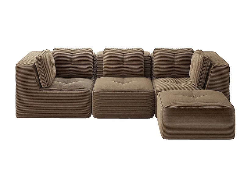 Canapé 3 places modulable, avec pouf et coussins, en velours côtelé, Marron, 297x177x69cm