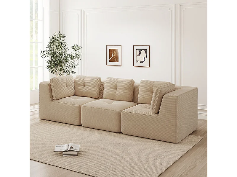 Canapé 3 places modulable, avec 5 coussins, en velours côtelé, Beige, 297x104x69cm