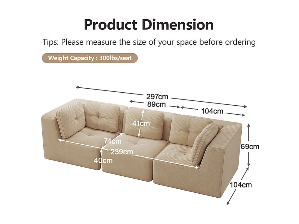 Canapé 3 places modulable, avec 5 coussins, en velours côtelé, Beige, 297x104x69cm