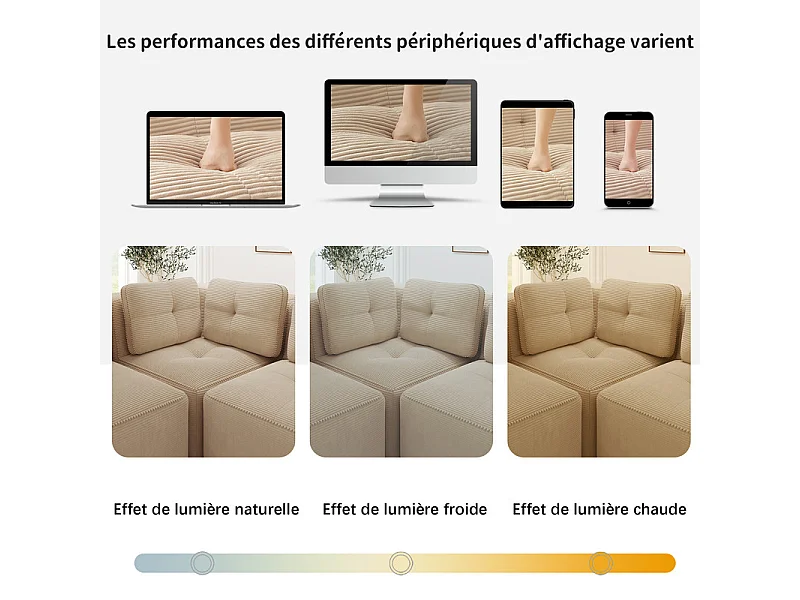 Canapé 3 places modulable, avec 5 coussins, en velours côtelé, Beige, 297x104x69cm