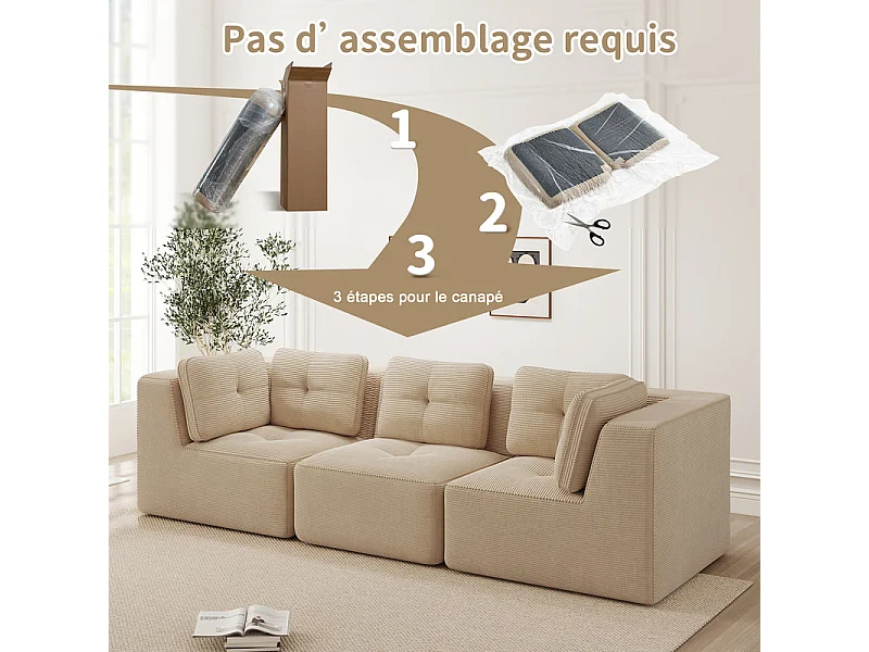 Canapé 3 places modulable, avec 5 coussins, en velours côtelé, Beige, 297x104x69cm