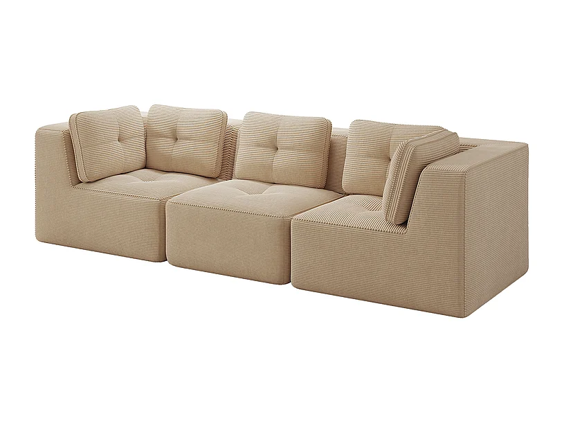 Canapé 3 places modulable, avec 5 coussins, en velours côtelé, Beige, 297x104x69cm