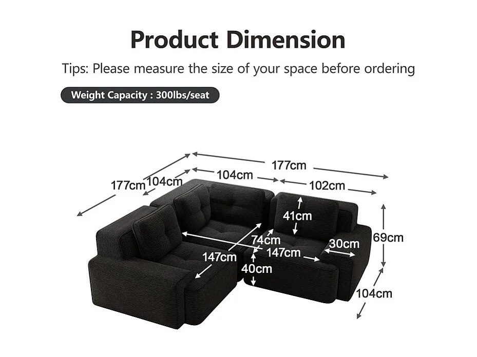 Canapé d'angle gauche modulable en velours côtelé, avec 4 coussins, 177x177x69cm, Noir