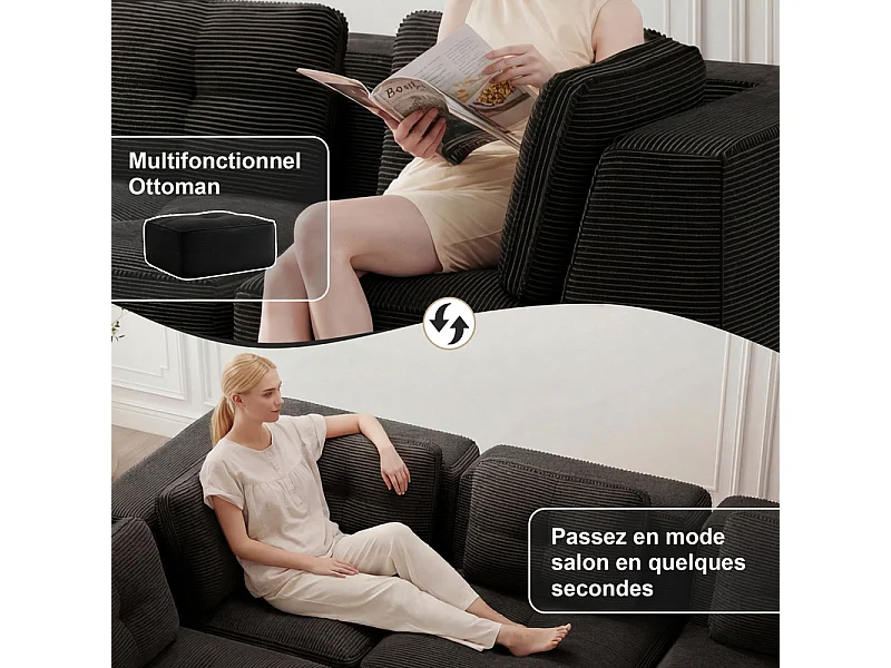 Canapé d'angle gauche modulable en velours côtelé, avec 4 coussins, 177x177x69cm, Noir