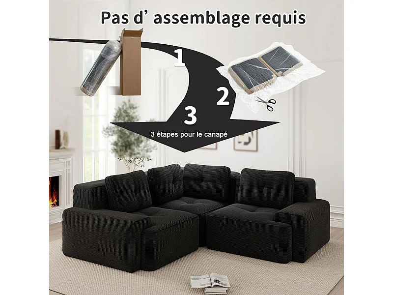 Canapé d'angle gauche modulable en velours côtelé, avec 4 coussins, 177x177x69cm, Noir