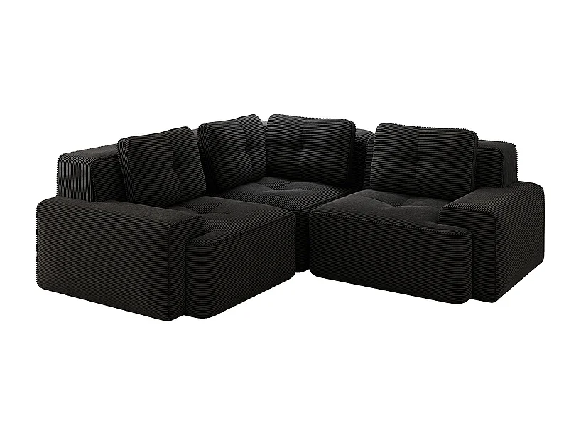 Canapé d'angle gauche modulable en velours côtelé, avec 4 coussins, 177x177x69cm, Noir