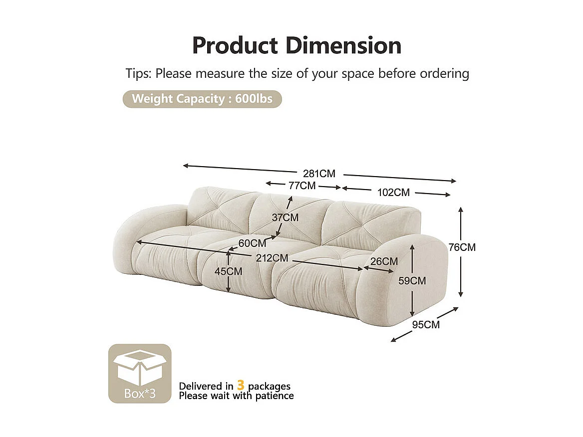 Canapé 3 places modulable en tissu chenille, 281x95x76cm, Blanc