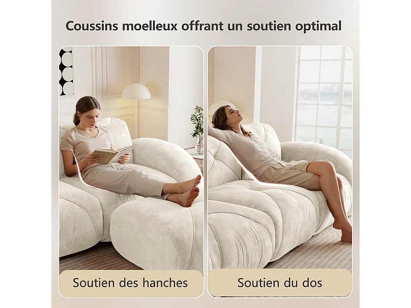 Canapé 3 places modulable en tissu chenille, 281x95x76cm, Blanc