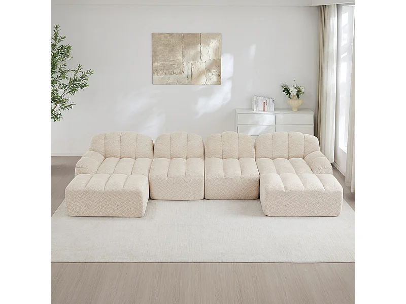Canapé d'angle modulable en velours côtelé beige, avec 2 pouf, ergonomique, 366x165x79cm