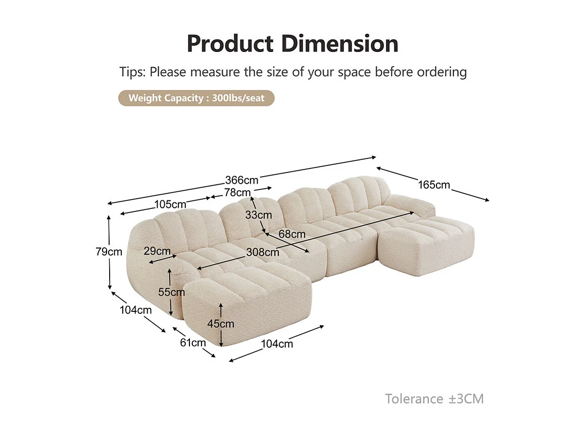 Canapé d'angle modulable en velours côtelé beige, avec 2 pouf, ergonomique, 366x165x79cm