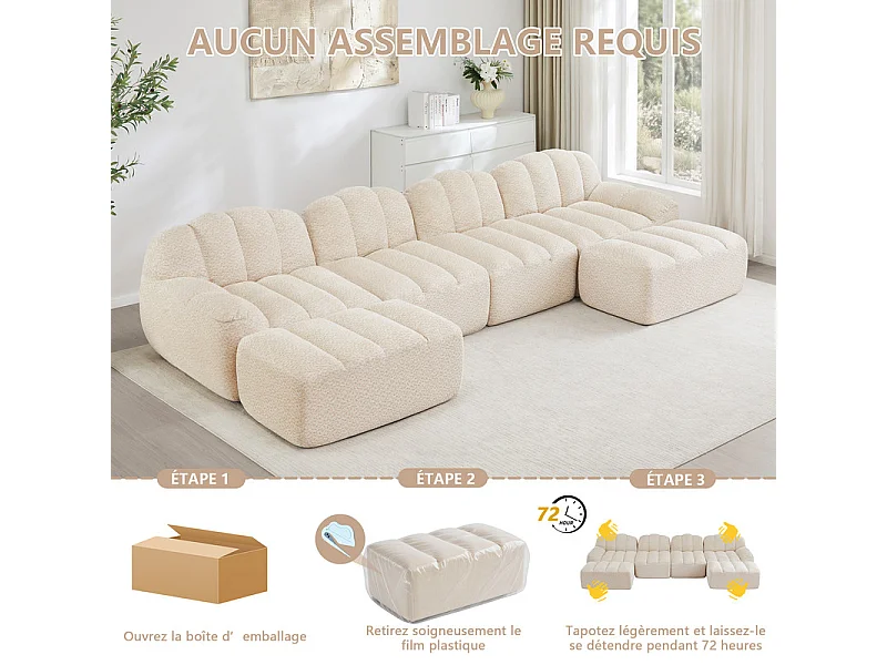 Canapé d'angle modulable en velours côtelé beige, avec 2 pouf, ergonomique, 366x165x79cm