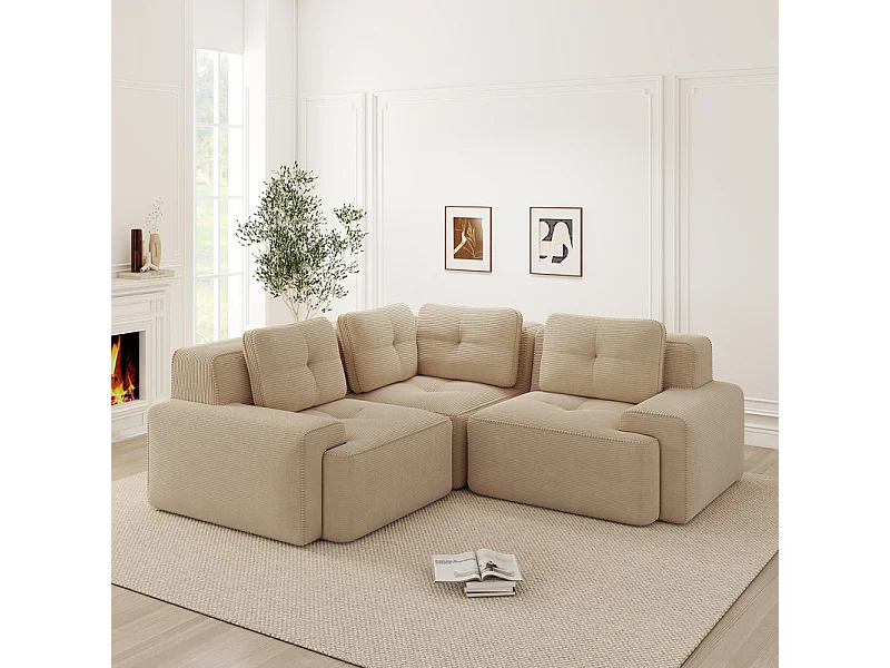 Canapé d'angle gauche modulable en velours côtelé, avec 4 coussins, 177x177x69cm, Beige