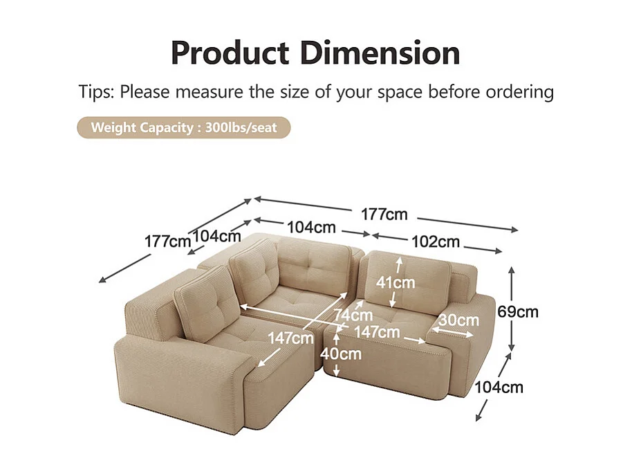 Canapé d'angle gauche modulable en velours côtelé, avec 4 coussins, 177x177x69cm, Beige