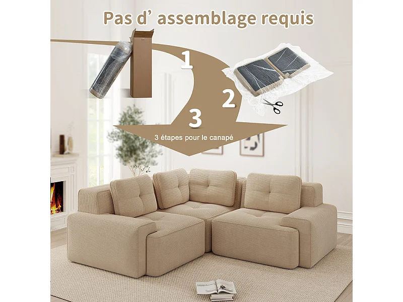Canapé d'angle gauche modulable en velours côtelé, avec 4 coussins, 177x177x69cm, Beige