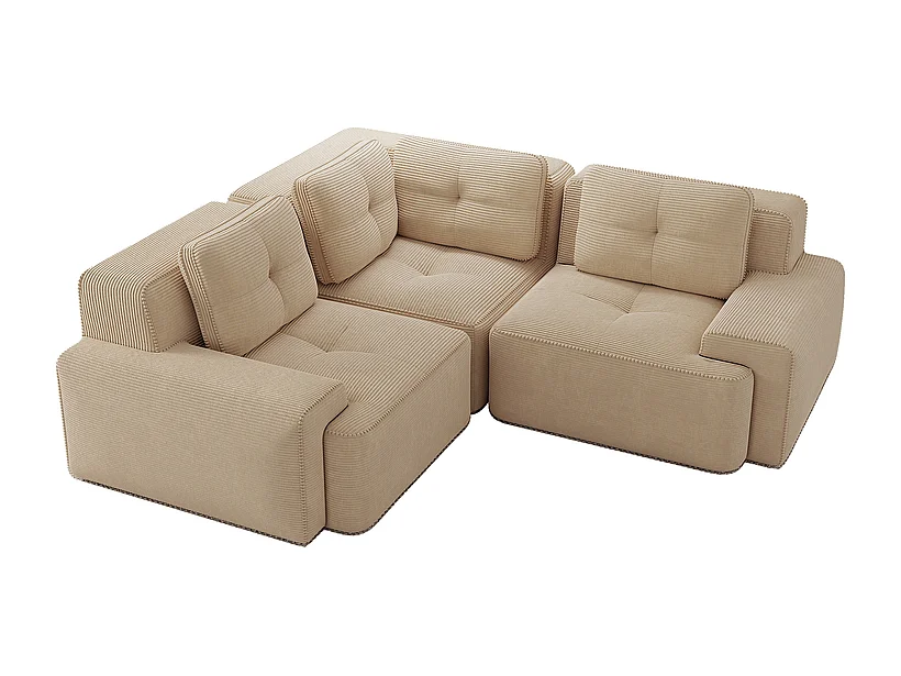 Canapé d'angle gauche modulable en velours côtelé, avec 4 coussins, 177x177x69cm, Beige