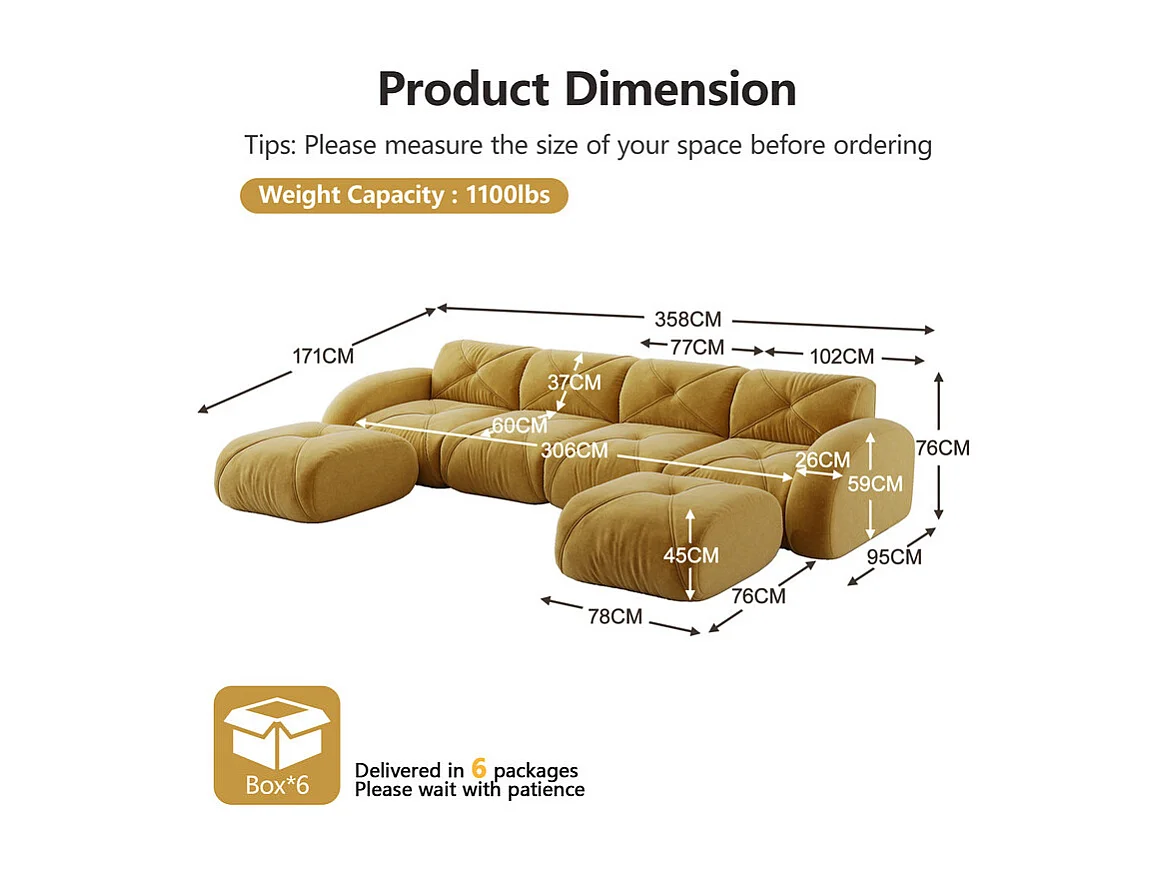 Canapé d'angle 4 places modulable en tissu chenille, avec 2 pouf, 358x171x76cm, Jaune