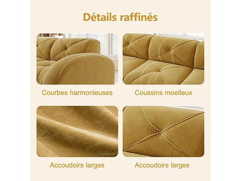Canapé d'angle 4 places modulable en tissu chenille, avec 2 pouf, 358x171x76cm, Jaune