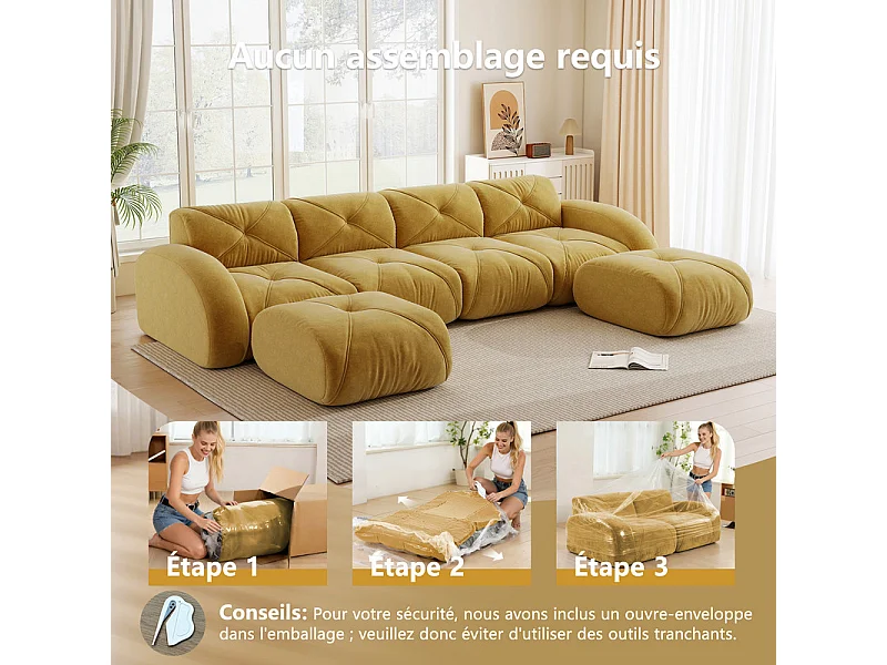 Canapé d'angle 4 places modulable en tissu chenille, avec 2 pouf, 358x171x76cm, Jaune