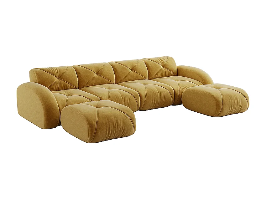 Canapé d'angle 4 places modulable en tissu chenille, avec 2 pouf, 358x171x76cm, Jaune
