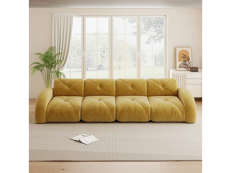 Canapé 4 places modulable en tissu chenille, 358x95x76cm, Jaune