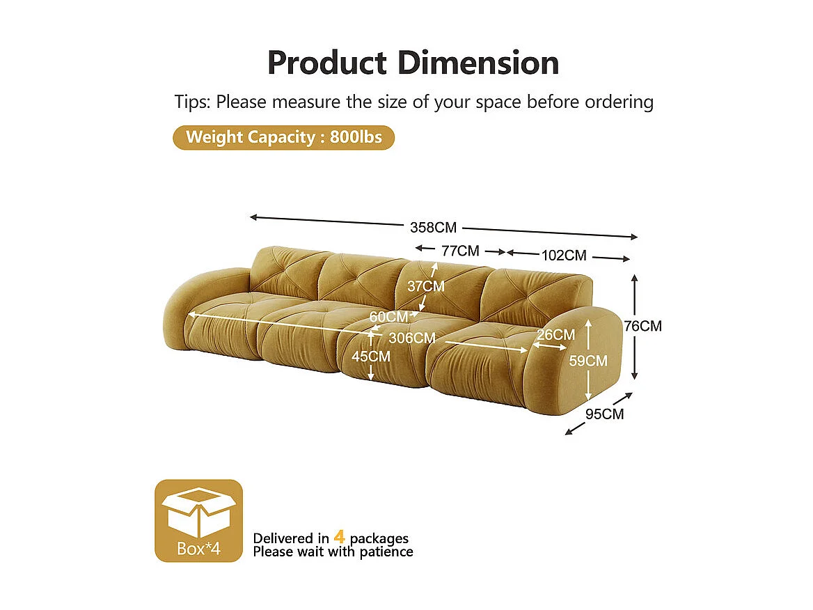 Canapé 4 places modulable en tissu chenille, 358x95x76cm, Jaune
