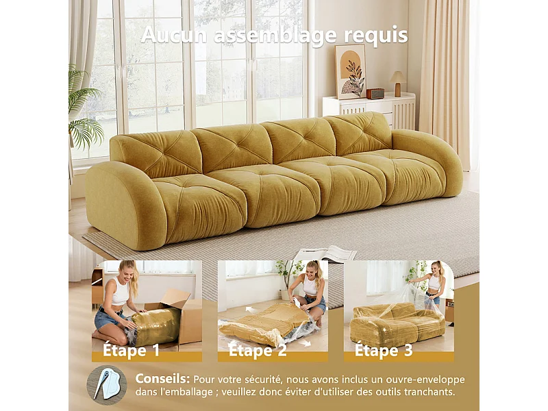 Canapé 4 places modulable en tissu chenille, 358x95x76cm, Jaune