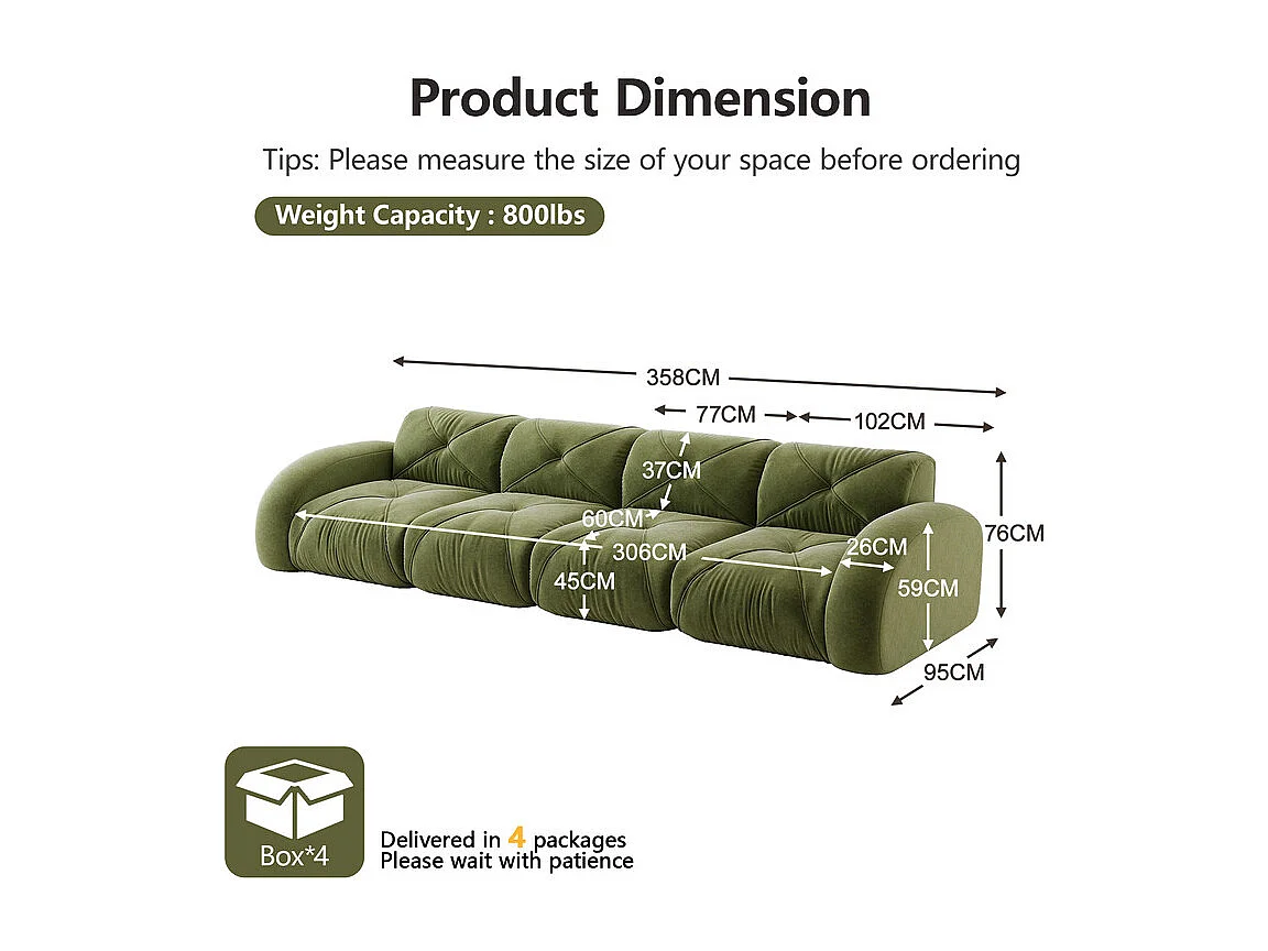 4-zits modulaire bank van chenillestof, 358x95x76cm, Groen