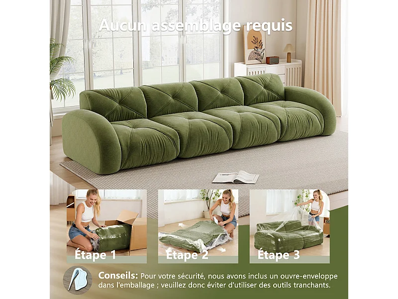 4-zits modulaire bank van chenillestof, 358x95x76cm, Groen