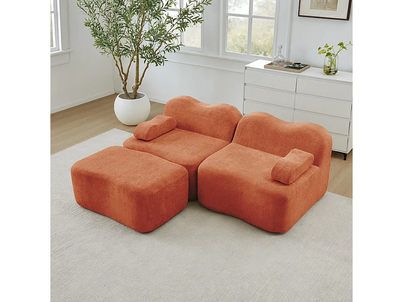 Canapé d'angle modulable en velours, avec pouf et coussin d'accoudoir mobile, 192x167x70cm, Orange