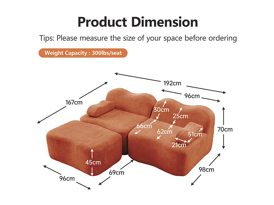 Canapé d'angle modulable en velours, avec pouf et coussin d'accoudoir mobile, 192x167x70cm, Orange