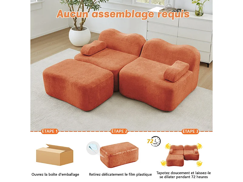 Canapé d'angle modulable en velours, avec pouf et coussin d'accoudoir mobile, 192x167x70cm, Orange