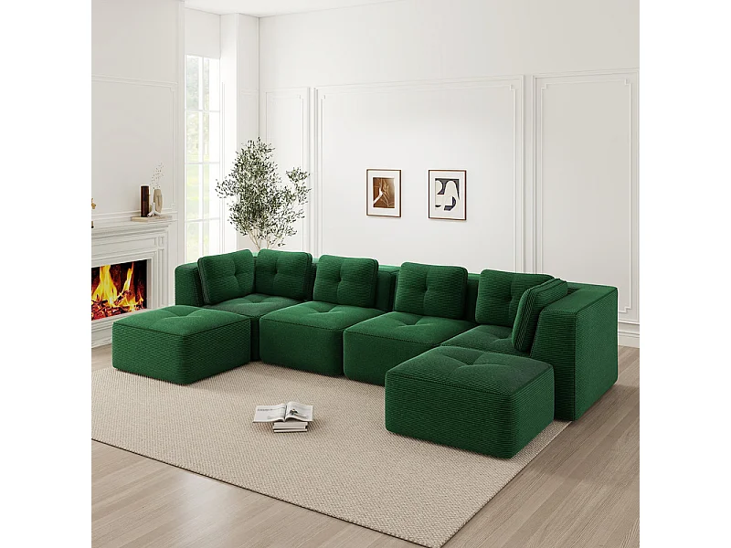 Canapé 4 places panoramique modulable, en velours côtelé, avec 2 pouf, 386x177x69cm, Vert