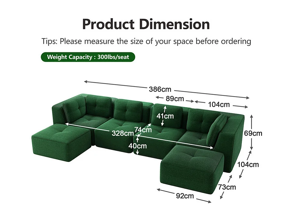 Canapé 4 places panoramique modulable, en velours côtelé, avec 2 pouf, 386x177x69cm, Vert