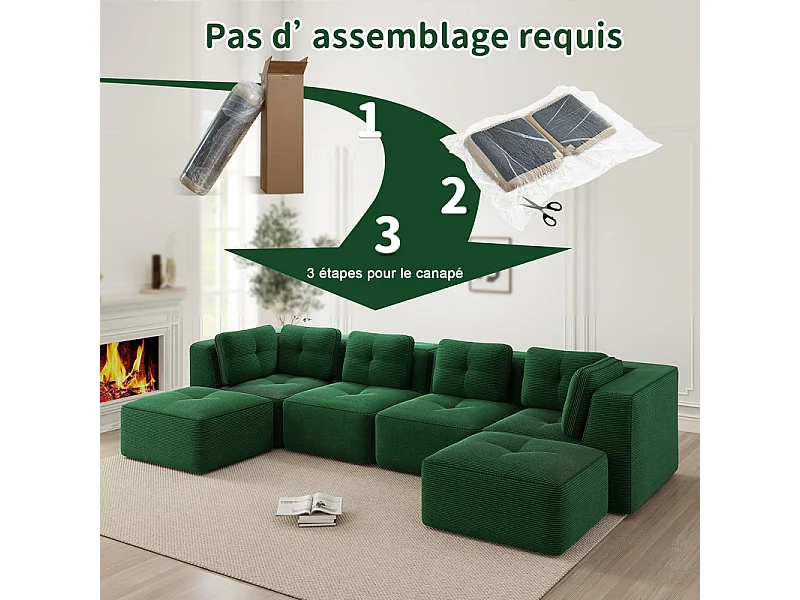 Canapé 4 places panoramique modulable, en velours côtelé, avec 2 pouf, 386x177x69cm, Vert