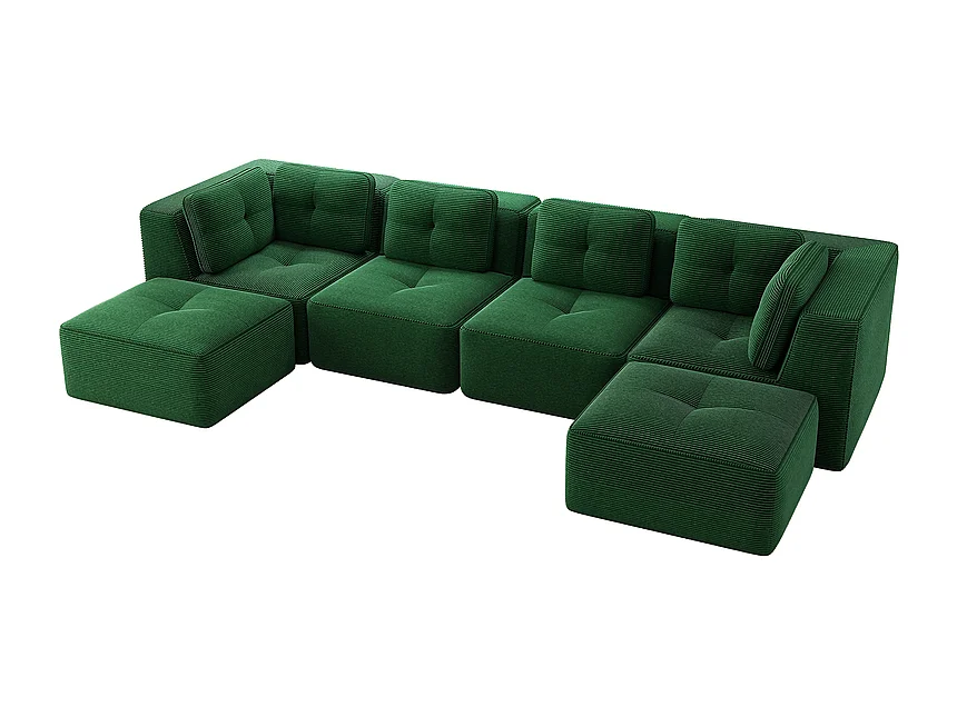 Canapé 4 places panoramique modulable, en velours côtelé, avec 2 pouf, 386x177x69cm, Vert