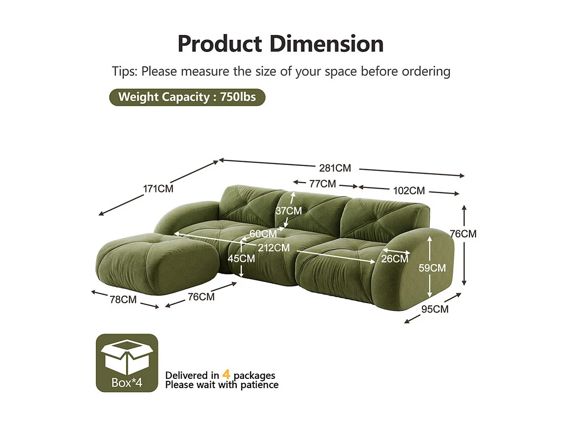 Canapé 3 places d'angle modulable en tissu chenille, avec pouf, 281x171x76cm, Vert