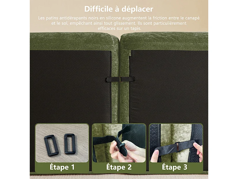 Canapé 3 places d'angle modulable en tissu chenille, avec pouf, 281x171x76cm, Vert